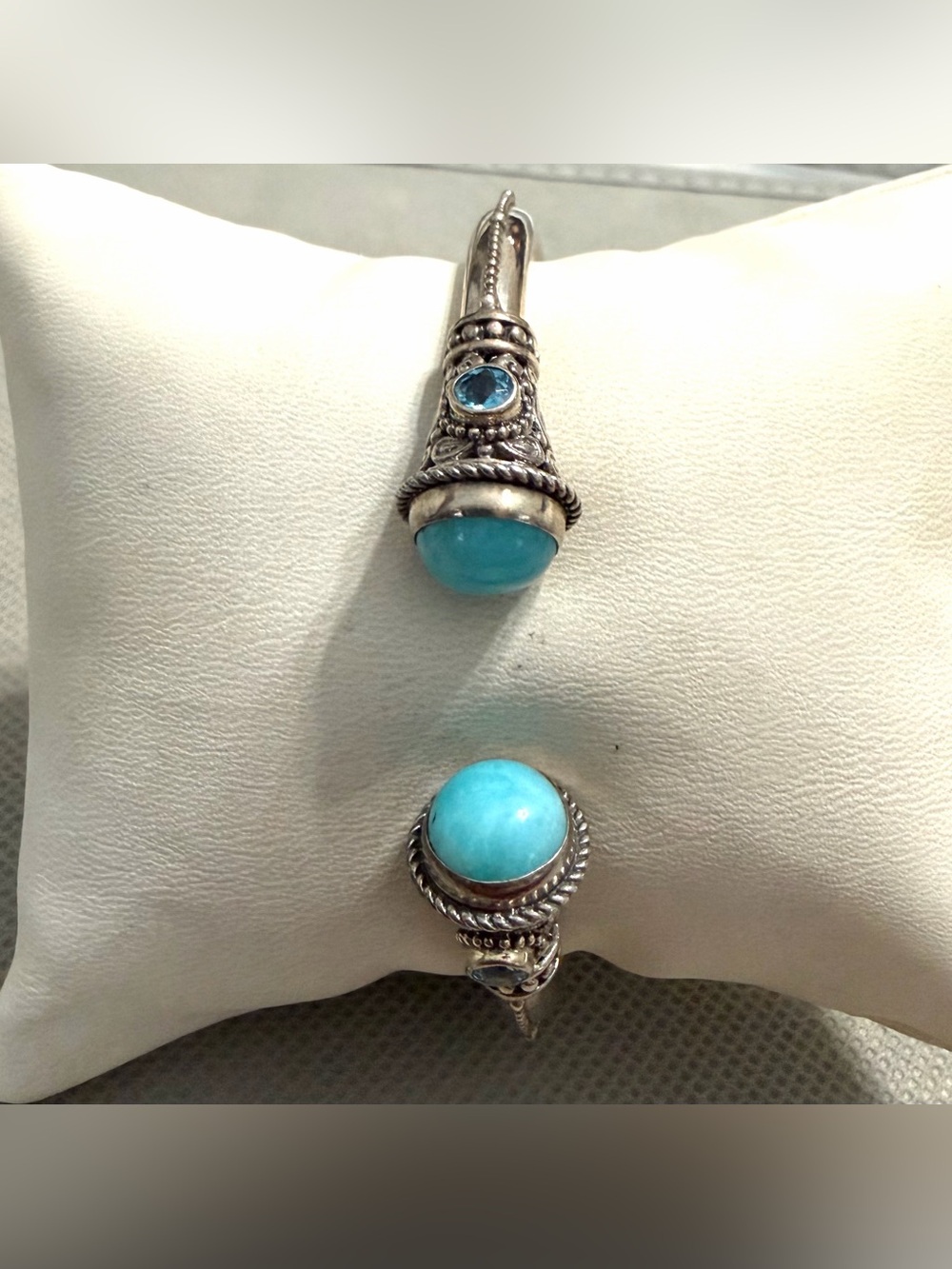 SARDA Sterling Silver Blue Amazonite & Blue Topaz Hinged Cuff Bracelet